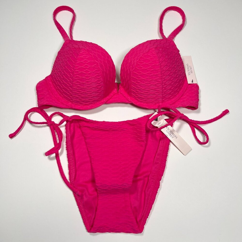 Victoria Secret 34A S SEXY TEE Push Up Bikini Top Bottom Set Textured Pink
